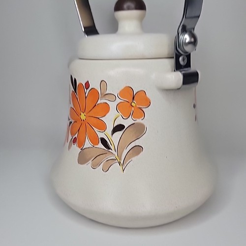 60er Jahre Japan Steingut Teekanne Holzgriff florales Design orange gelb Blumen *** - Bild 7 von 24