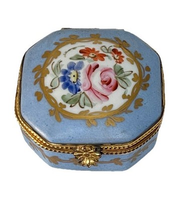 Peint Main Limoges France Blue Gold Floral Hinged Trinket Box Artist Signed