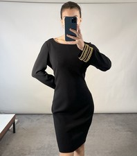 Boutique Moschino UK12 Dress Black Shift Long Sleeve Gold Chain Cuff Above Knee