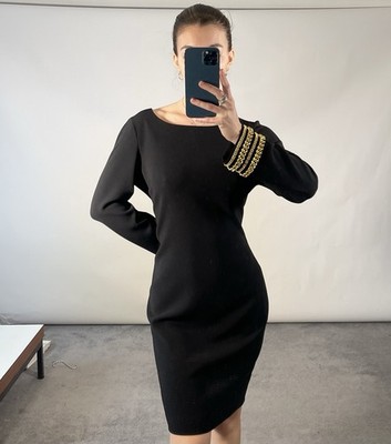 Boutique Moschino UK12 Dress Black Shift Long Sleeve Gold Chain Cuff Above Knee