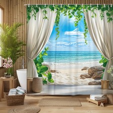 Ocean Beach Shower Curtain, Beach Theme Bathroom Decor Tropical Coastal Windo...