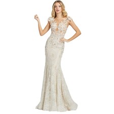 Mac Duggal 8 ivory nude High Neck Shoulder Flower Detail Mermaid gown wedding