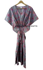 Indian Ethnic Floral Print Gown Woman Sleepwear Gray Caftan Hippie Bathrob Dress