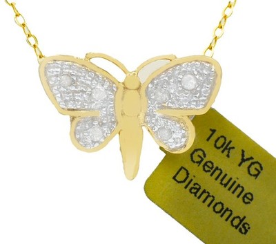 ECHTER DIAMANT SCHMETTERLING ANHÄNGER 10K MASSIV GELBGOLD - Neu mit Etikett