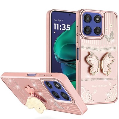 For Moto G Stylus 2026/2025 Case 3D Butterfly Bling Charm Stand + Tempered Glass