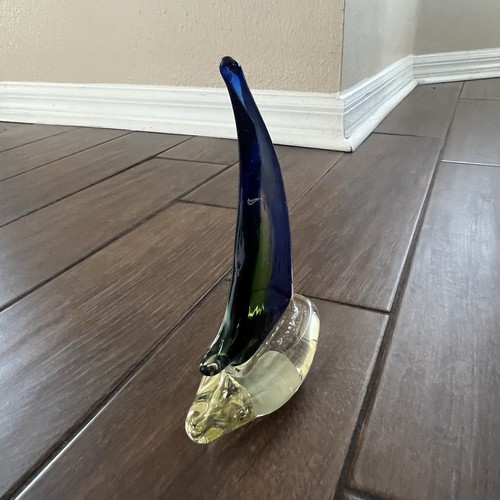 Murano Style Hand Blown Sailboat Blue Green Art Glass Boat Vintage 8" - Picture 3 of 6