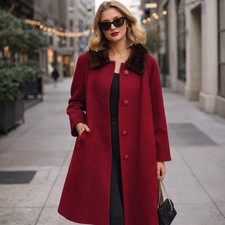 Vintage 50/60s Red Wool Swing Coat w/attached Fur Collar S/M Gorgeous Capsule