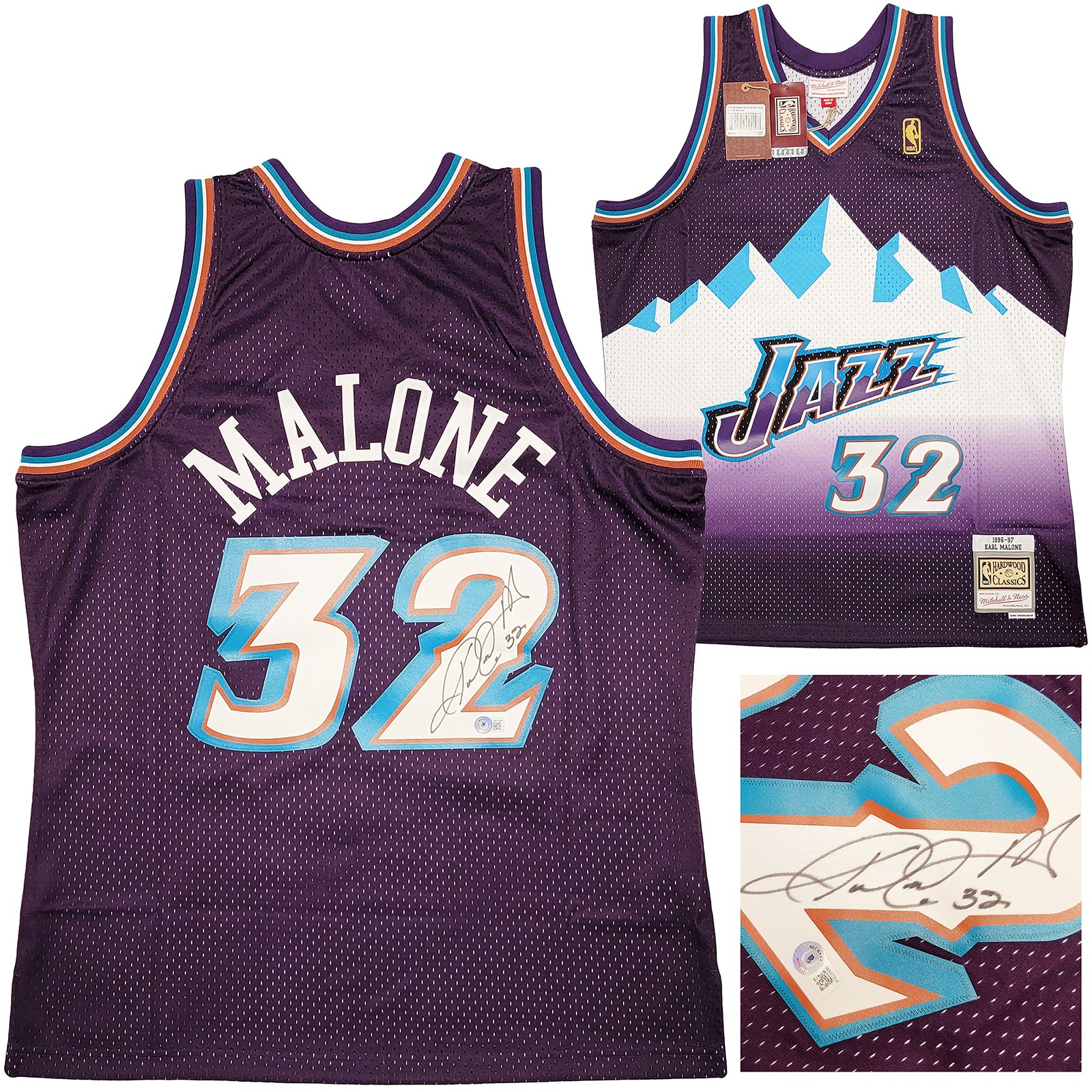 Utah Jazz Karl Malone Signed Purple & Teal Mitchell & Ness Jersey Size XL