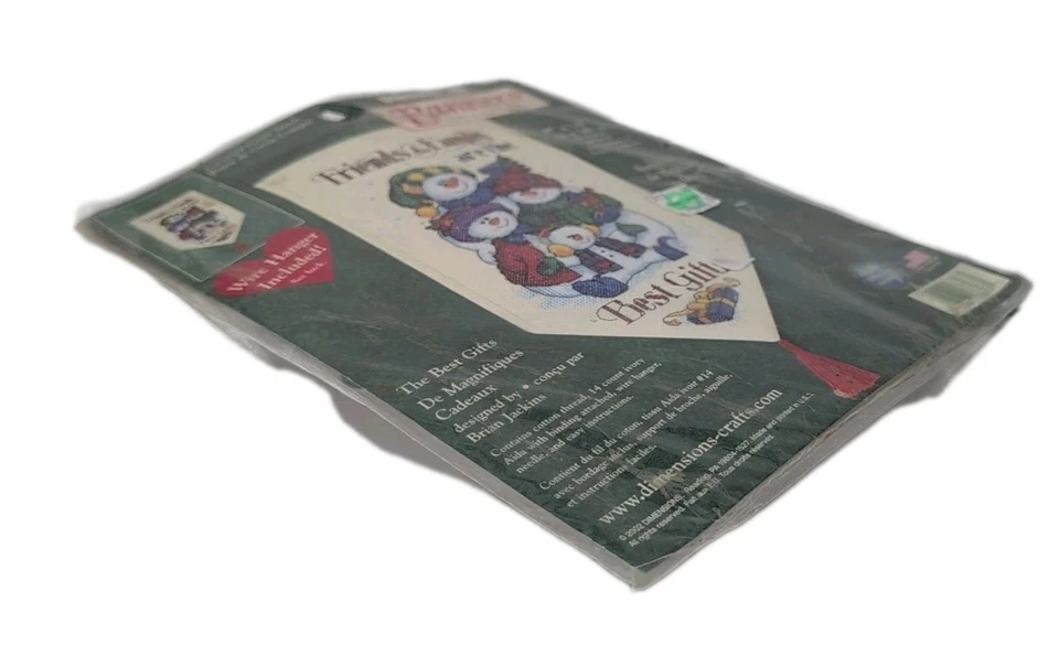 VTG 2002 Dimensions Counter Cross Stitch Christmas Banner Snowman Family 8x14" - Image 3 of 3