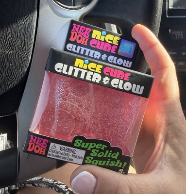 Nee Doh Nice Cube Glitter & Glow Squeeze Ball, Pink, Glow in the Dark, 3 in