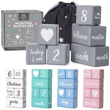 Gray Monthly Milestone Blocks Bag Baby Age Photo Props Month Year Wooden