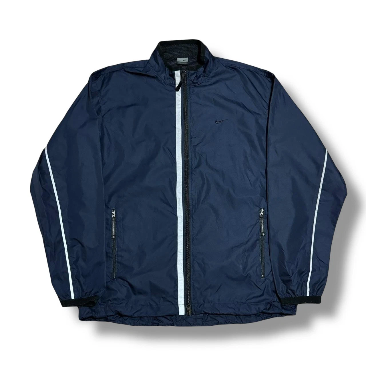 Mens Vintage Nike Reflective Windbreaker Jacket Medium Navy Blue Polyester