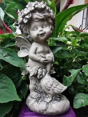Elfe Lalula, stehend, mit Gans - Zauberblume, Resin, 15 cm
