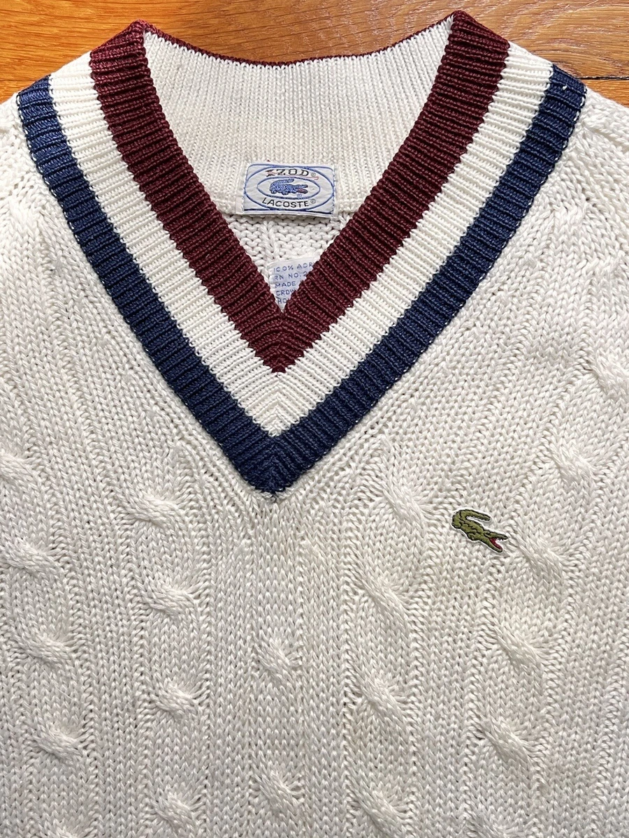 Vintage IZOD LACOSTE Cable Knit Cricket Tennis V-NeckPull Over Sweater SzXL