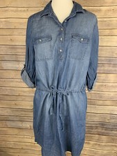 Gloria Vanderbilt Womens Medium Chambray Dress Blue Popover Style Cinched Waist 