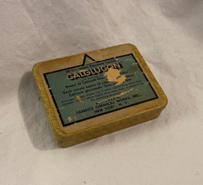 Vintage Tin Box SANDOZ CALGLUCON Calcium Gluconate 30 CHOCOLATE TABLETS NY USA