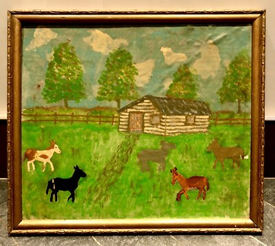 American Folk Art Oil Painting On Paper - Depression Era Naive Primitive V Fine