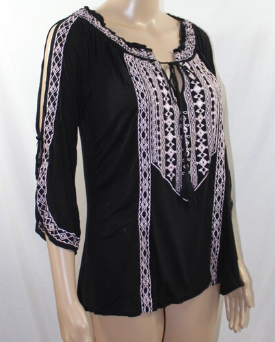INC International Concepts Black Blouse Pink Embroidered Split Sleeves Size XS - Picture 5 of 10