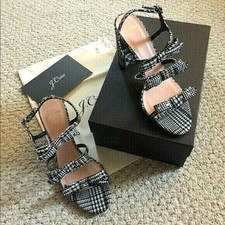 NEW NIB 298 J CREW STELLA CLEAR CRYSTAL STRAPPY BOW HEELS GLEN PLAID BLK WHT 5