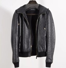 Giacca donna GUCCI GG Guccissima monogramma pelle nera con cappuccio taglia IT42