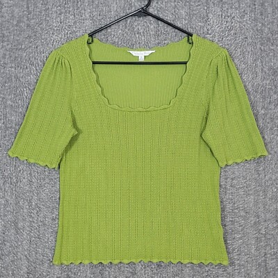 Ophelia Roe Top Womens S* Green Short Sleeve Scalloped Lightweight Knit Sweater