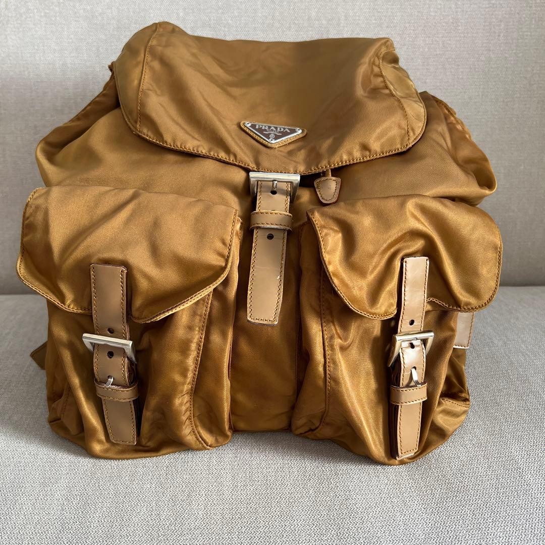 PRADA nylon camel drawstring backpack triangle lo… - image 1