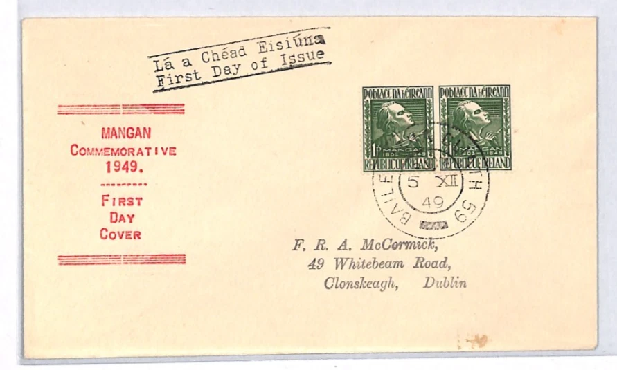 Irlanda EIRE 1949 FDC *MANGAN* PAR Dublín EXHIBICIÓN TEXTO Primer Día Cubierta YH282 Foto 2 de 4