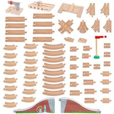 68 Pcs Wooden Train Track Expansion Pack with Arched Bridge, Engine Barge, Do...