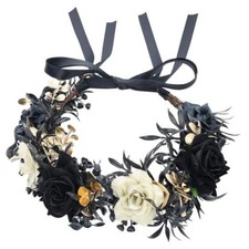 Gothic Black Flower Crown Roses Floral Headband for Women Wedding Black Golden