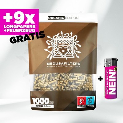1000er MEDUSA ORGANIC Aktivkohlefilter Filter Tip Ø 6mm + 9x Papers + Feuerzeug