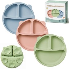 DRKIO 3 Pack Silicone Toddler Plates, Divided Suction Plates for Baby