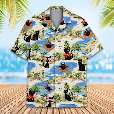 Tropical Cat Hawaiian Shirt - Black Cat Shirt - Adults & Youth