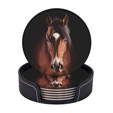 Leather Coasters for Drinks with Holder Coaster 6 Pcs Handsome Brown Horse