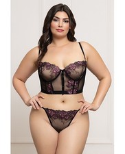 Seven 'til Midnight Floral Lace Bustier and Thong Set, Black, 3X/4X