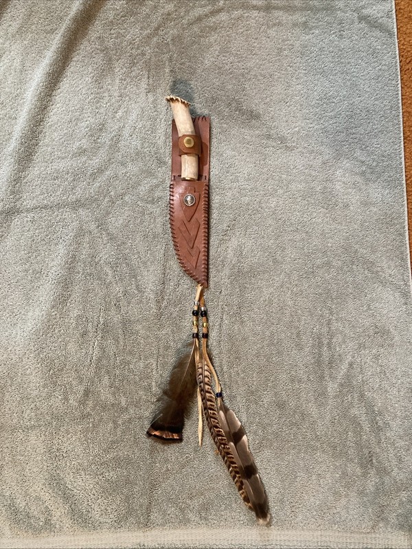 Beautiful Custom Made Buck Horn fixed blade knife with leather sheath