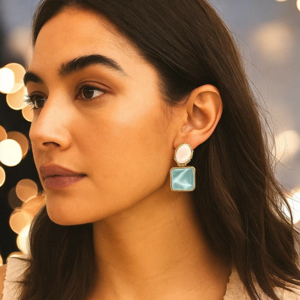 Asymmetrische Boho Ohrringe Hellblau Retro Ohrstecker Kunstharz Ohrstecker - Bild 2 von 4