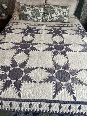 Vintage Handmade Quilt Blue And White Feathered Star Cotton Bedspread