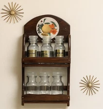 Vintage Wooden Wall Mount Spice Rack - 6 Glass Jars 12.75"x6.75" Kitchen Fruit