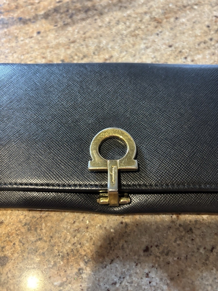 Salvatore Ferragamo Black Gancini Envelope Wallet Folding Credit