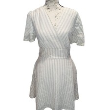 Davi & Dani White Grey Pinstripe V-Neck Flutter Sleeve Back Tie Mini Dress Small