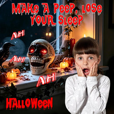 Halloween Animatronic Skull Head, Red Light Up Eyes, Moving Jaw Sound