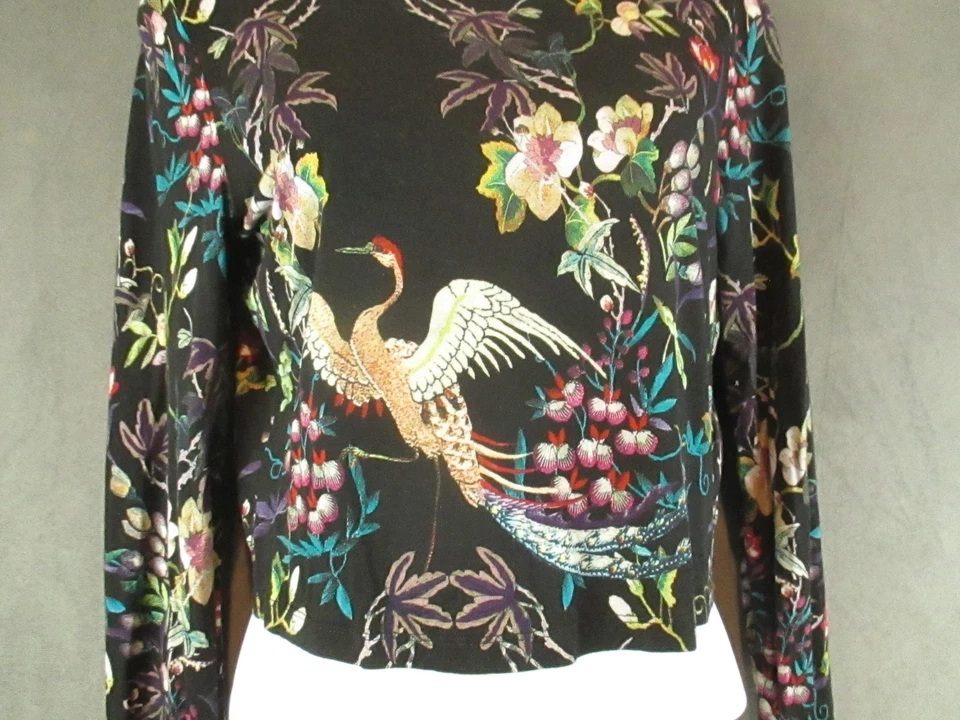 Alice + Olivia Shirt Womens Small Black Floral Crane Print Long Sleeve Cropped - Image 2 of 4