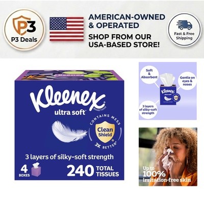 Gentle & Reliable: Kleenex Ultra Soft 3-Ply Tissues in 4 Cube Boxes - 60 Each