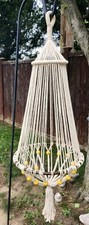 Vintage MCM Boho Macrame Hanging Plant Holder Yellow Wood Beads 45" Large
