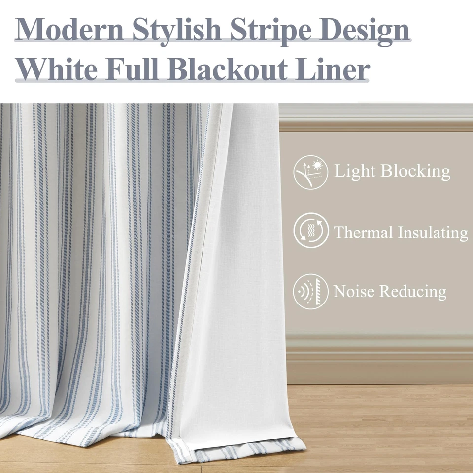 63-дюймовые синие полосатые оконные занавески полного затемнения, синяя полоса на белом... - Изображение 2 из 4