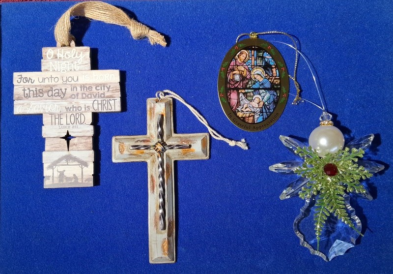 4 Christian Christmas Ornaments Lot Nativity Angel Wooden Cross Faith Scripture