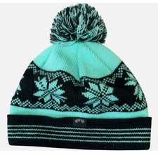 Route One Beanie Hat Unisex Adults Mint Green Black Snowflake Winter Pom