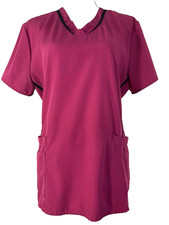 Scrub Medical Top Women s V-Neck Short Sleeve Cherry with Black Piping Sz L