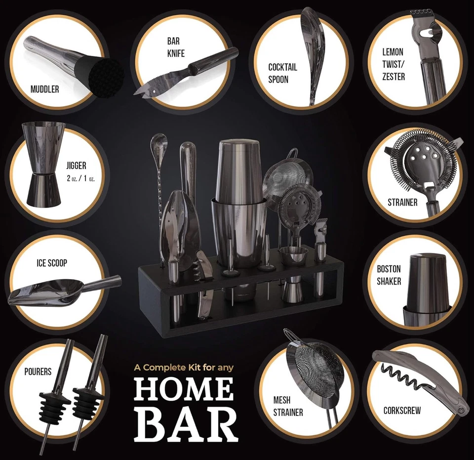 Juego de herramientas de barra coctelera Boston de acero inoxidable negro Gunmetal de 13 piezas con... Foto 3 de 4