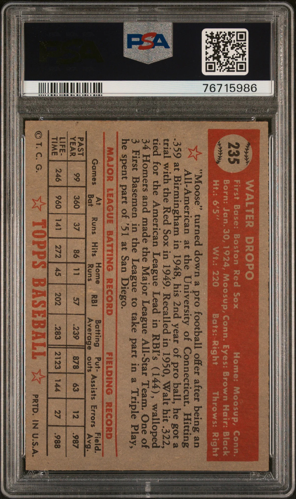 1952 Topps Walt Dropo #235 PSA 5 view 2
